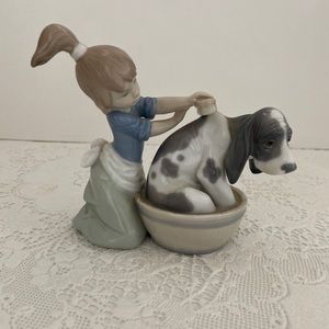 Vintage Lladro Bashful Bather Girl Giving Hound Dog A Bath Figurine
